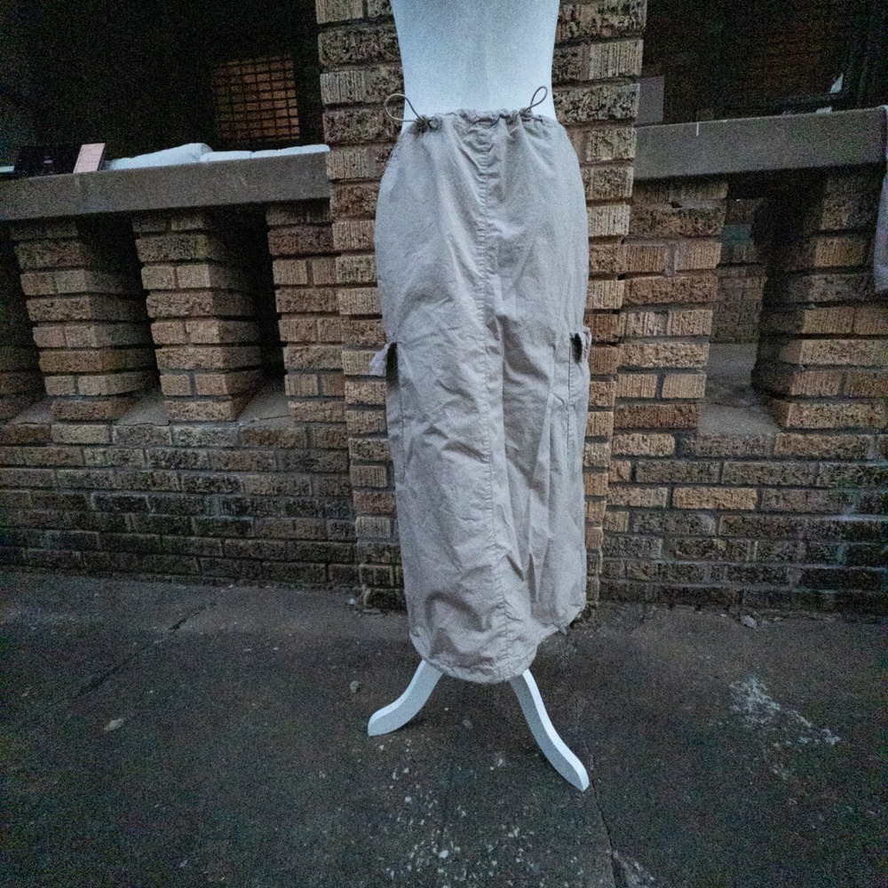 Hunter & Brown Khaki Cargo Maxi Skirt Tan Cotton Drawstring Utility HBS301 Small